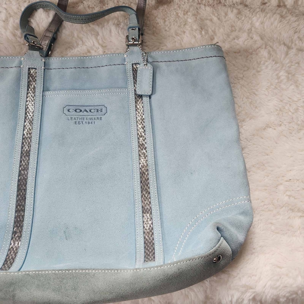 2005 Coach Aqua Blue Suede Beaded Gallery Tote Style 8B32 Y2K Vintage - Picture 10 of 16